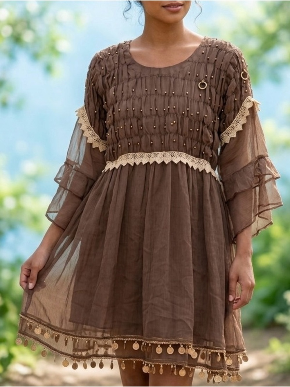 Sheer Brown Chiffon Beaded Mini Dress. Boho Fairy Renaissance Medieval Festival🤎
